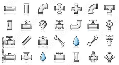 A comprehensive collection of plumbing and pipe icons, featuring various fittings, valves, gauges, wrenches, and water drops, rendered in a clean, modern cartoon style with editable strokes, ideal