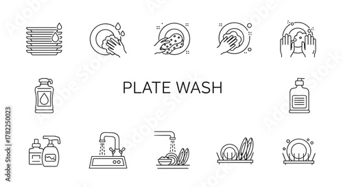 Minimalistic thin line icon set for plate washing, including stacking dishes, hand washing plates with sponge and soap, faucet running water, dish rack, and soap dispenser. Ideal for web, graphic