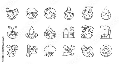 Set of Planet Earth line icons depicting environmental crisis and climate change, including global warming, melting ice caps, deforestation, drought, wildfires, pollution, and recycling symbols