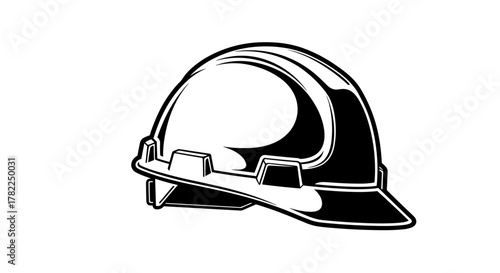 A black and white vector illustration of a hard hat, a piece of personal protective equipment worn by workers in construction, industry, and other hazardous environments to protect the head from