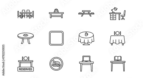 Set of table-related line icons, including dining table with chairs, picnic table, desk with lamp and chair, round table, square table, tablecloth-covered table, reserved table, no food sign, laptop