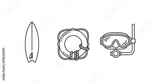 Minimalistic linear icons set for water sports and activities, featuring a surfboard, a lifeline ring with rope, and a diving mask with snorkel, presented in a clean, modern, and simple line art