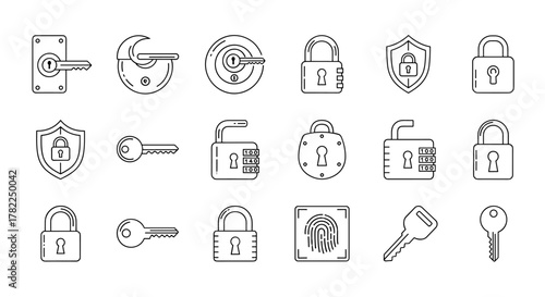 Set of lock and key related line icons, including door locks, padlocks, shields with locks, and fingerprint scanners, presented as outline signs for graphic and web design, apps, adverts, and various