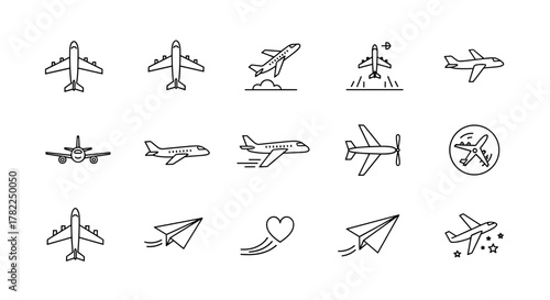 A collection of minimalistic linear pictograms representing airplanes and paper planes, suitable for web and graphic design, apps, banners, social networks, and cards. This vector cartoon