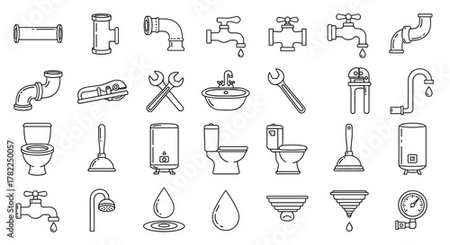 Collection of plumbing outline icons, including pipes, faucets, toilets, sinks, wrenches, plungers, water heaters, and pressure gauges, perfect for infographics, articles, books, flyers, and banners