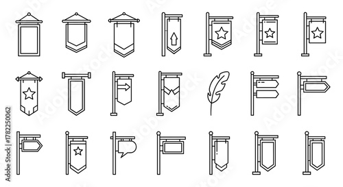 Collection of outline banner and sign icons, perfect for street advertising, graphic design, web elements, app interfaces, and diverse card designs. This vector bundle features a variety of hanging