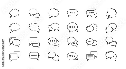 Collection of thin line icons representing speech bubbles, talking, conversation, and dialogues, perfect for web sites, books, cards, and apps, editable stroke, vector cartoon illustration