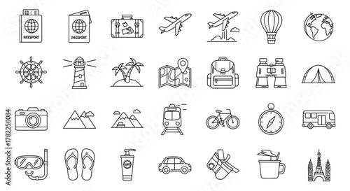 A comprehensive collection of travel and journey-related line icons, featuring an outline style perfect for graphic and web design, app development, advertisements, and various card designs. This