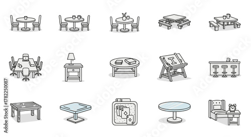 Collection of 15 diverse table-related line icons, including dining tables, picnic tables, conference tables, coffee tables, bar tables, and a drafting table, presented in a cartoonish, editable