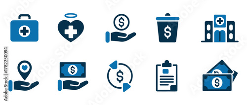 Stunning collection of healthcare and finance icons symbolizing medical aid, donations, costs, and financial transactions for modern business and wellness concepts