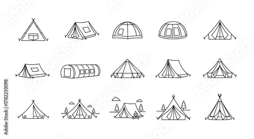 Collection of minimalistic outline style tent icons for design, cards, apps, and social networks. This ordered set features various tent types, including A-frame, dome, and teepee styles, perfect for