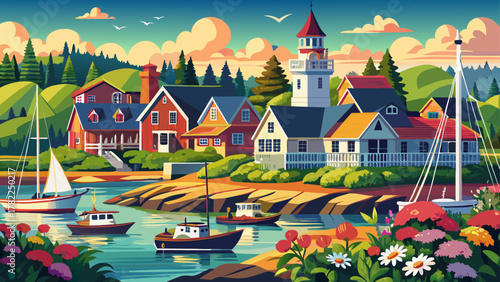 Very beautiful scenic view of Kennebunkport, Maine, USA, showcasing its historic coastal charm with beaches, parks, colorful flowers, and classic New England architecture in a warm realistic atmospher