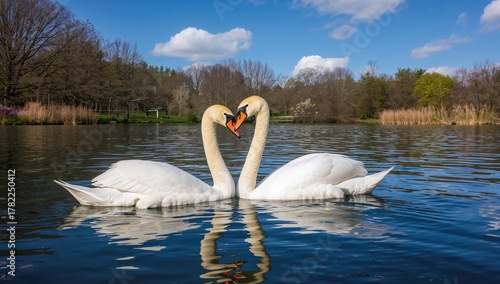 Fototapeta Naklejka Na Ścianę i Meble -  A male and female swan gliding across a lake in early spring, seasonal change