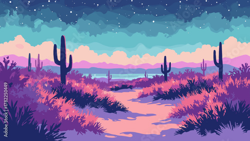 Neon dune garden — sweeping dunes with rows of illuminated sculptural plants and soft scanline haze, palette: peach, cyan, orchid, no people