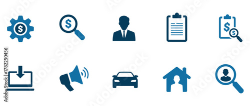 Discover modern business icons representing financial growth, client search, professional services, data analysis, and property investment for dynamic marketing campaigns
