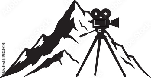 Retro Movie Camera Against Majestic Mountain Silhouette for Filmmaking Adventure
