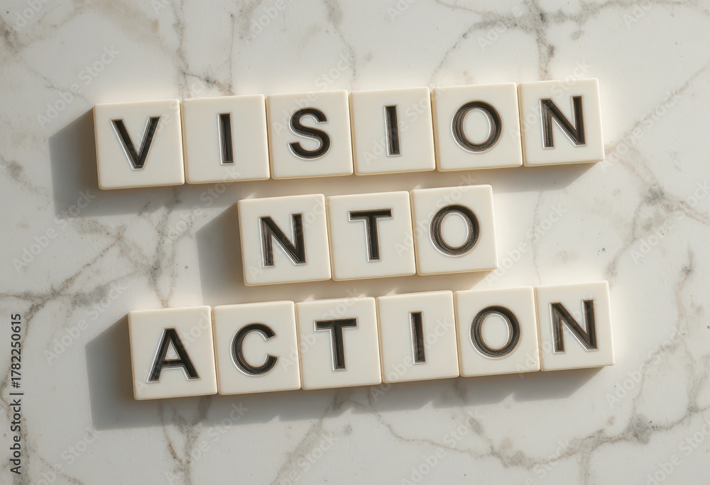 Obraz premium Vision to Action Motivational Quote on Marble Background with Letter Tiles