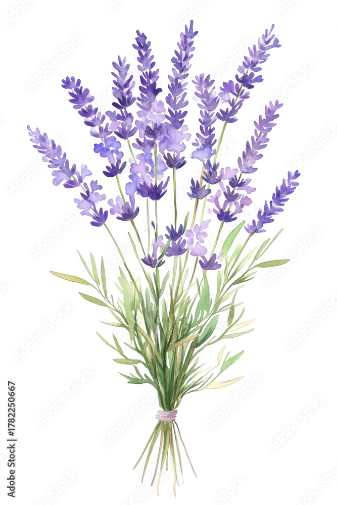 Naklejka premium Watercolor lavender bouquet isolated on transparent background, showcasing the delicate purple flowers and green stems, creating a calming and aromatic floral illustration