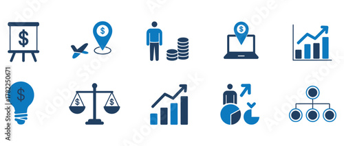 Dynamic collection of blue business finance icons representing growth, investment, planning, and success for modern corporate presentations and digital strategies.