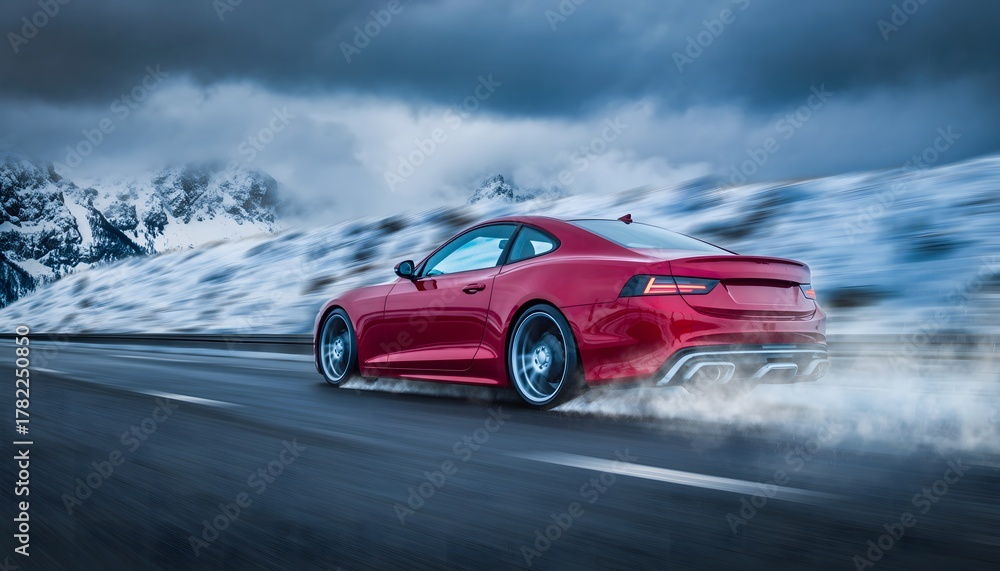 Fototapeta premium Red Sports Car Drifting on Snowy Mountain Road — Winter Driving, Speed Motion Blur, Performance Car Action Scene