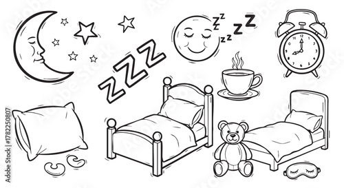 Black and White Illustration of Bedroom Elements for Sleepy Time Fun