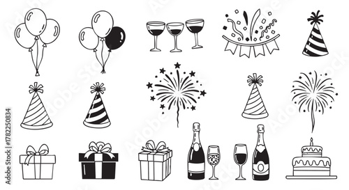 Black and white line art birthday celebration illustration seamless pattern