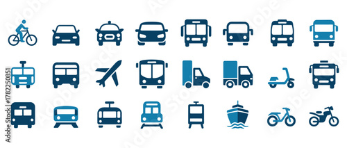 Diverse collection of modern transportation icons featuring cars, buses, trains, airplanes, trucks, scooters, motorcycles, and boats for seamless travel concept integration.
