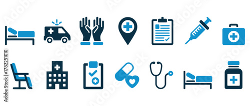 Essential medical icons representing healthcare services, patient care, emergency response, and treatment options for modern health and wellness communications