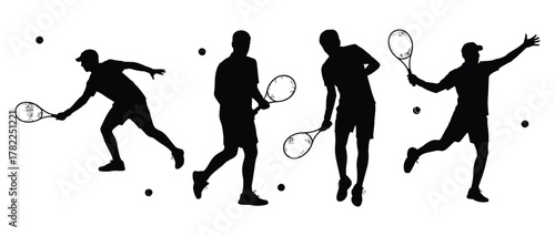 Dynamic tennis players in action, black silhouettes showcasing power, agility, and competitive spirit, perfect for sports design and promotional projects