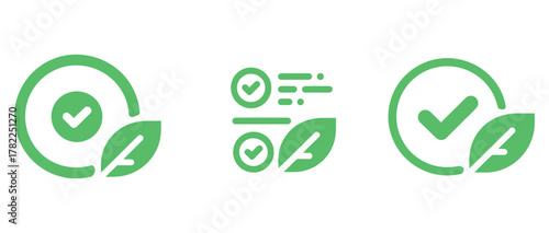 Eco-friendly approval icons with checkmarks and leaves symbolize sustainability, environmental protection, and positive choices for green initiatives