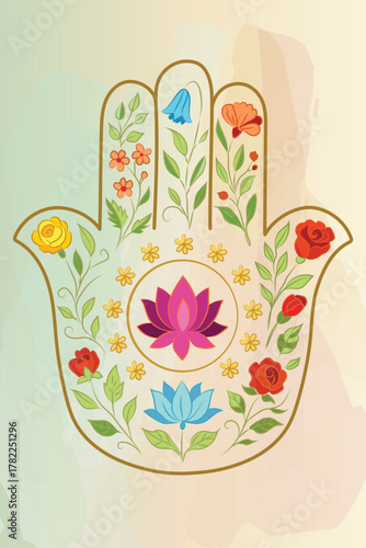 Garden Hamsa – Lotus Bloom in Nature’s Palette. A soft watercolor Hamsa hand bursts with lush flowers and vines. A central lotus and pastel botanical ornaments evoke serenity and nature.