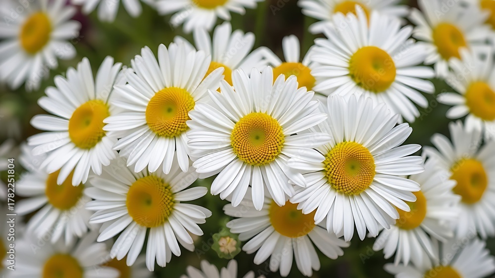 Fototapeta premium Cluster of fresh daisies with white petals and yellow centers in soft directional light.