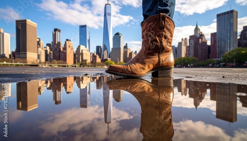 Cowboy Boot Stepping Into Puddle with New York Skyline Reflection Under Dramatic Sky at Sunset