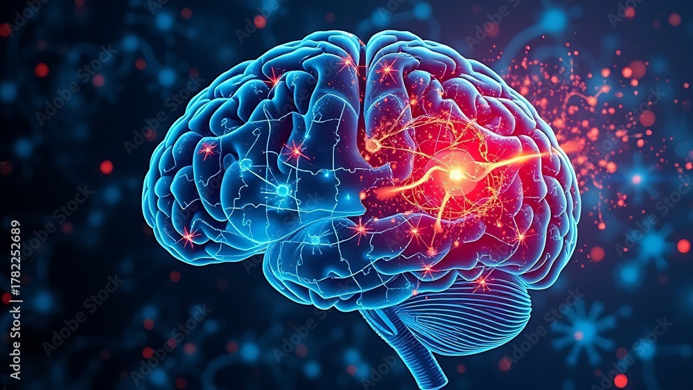 Fototapeta premium A fractured digital brain puzzle with biological neurons slipping through, illustrating AI limitations.