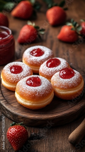 Homemade doughnuts with strawberry jam and powdered sugar on a wooden board.
Perfect for food blogs, dessert advertisements, articles about home baking, and holiday recipes.