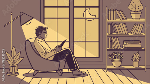 Man reading a tablet in a cozy armchair by the window at night