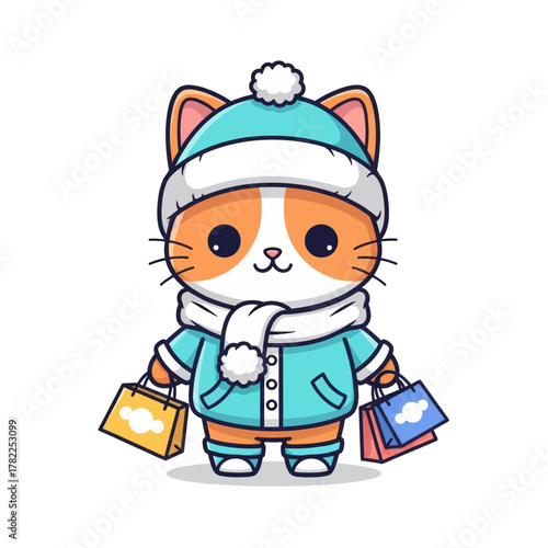 Cute cartoon cat in winter clothes holding shopping bags.