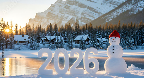 Snowman and 2026 numbers in snowy mountain landscape