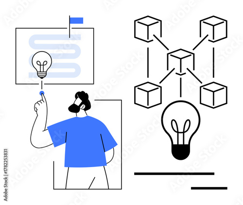 Man activates light bulb on journey map with interconnected blocks and bulbs symbolizing innovation, brainstorming, network building. Ideal for teamwork, creativity, strategy, planning, business