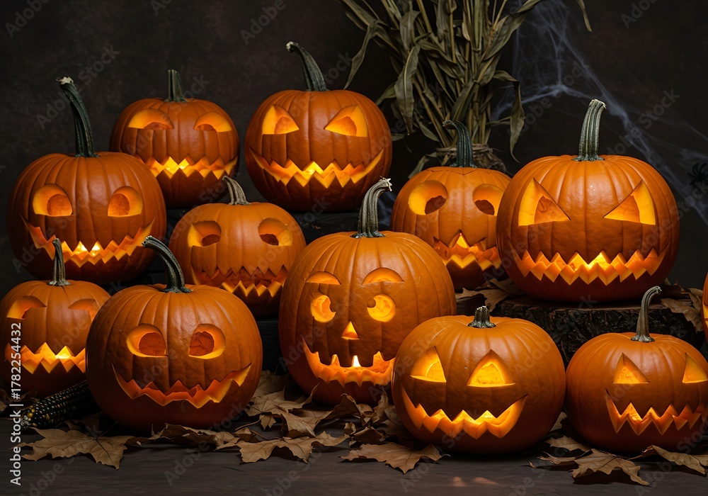 Fototapeta premium Illuminated Jack-o-Lanterns - A Spooky Halloween Display.