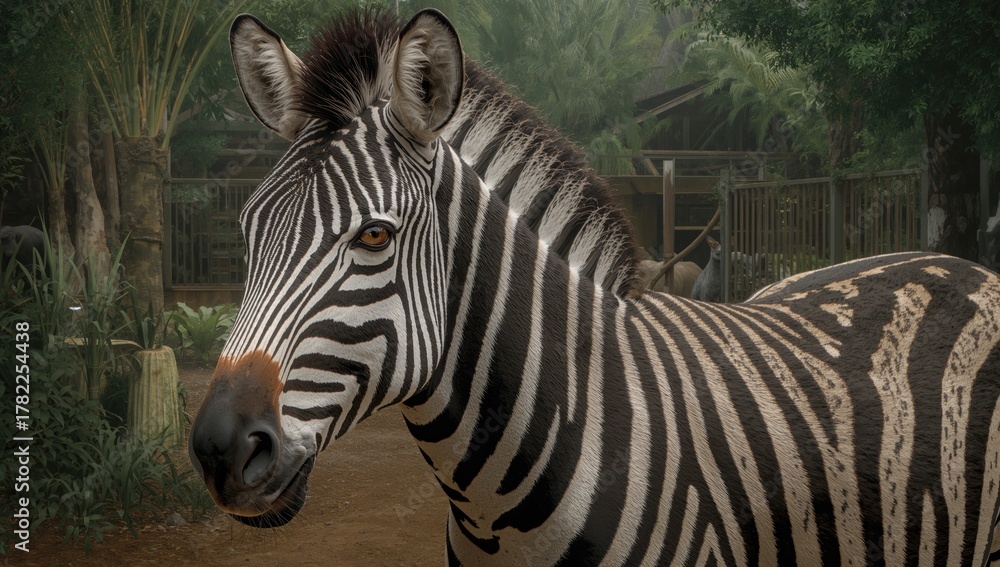 Obraz premium A zebra residing in an enclosure, showcasing urban wildlife preservation