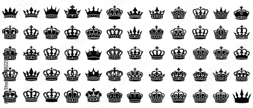 Collection of 60 Royal king, queen, and princess crown icons. Symbol of royalty, luxury, and power.