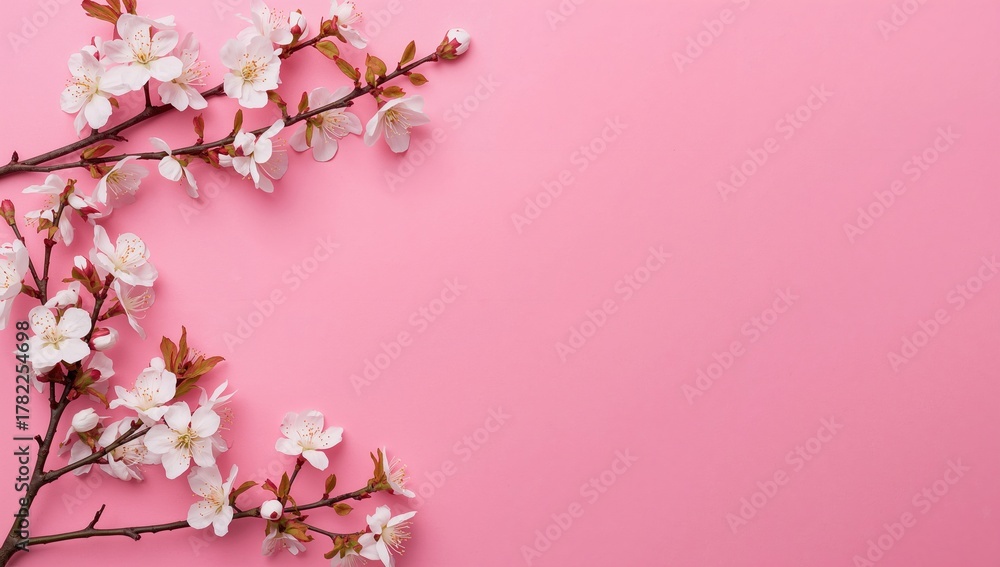 Fototapeta premium Overhead shot of flowering bird cherry twigs on a vivid pink surface, perfect for crafting greeting cards, banners, and posters for special events such as Mother's Day and Spring celebrations.