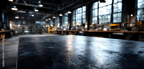 Black metal table surface in a car repair workshop. Blurred background shows the shop interior with tools shelves windows. Workshop table for product display or advertisement.
