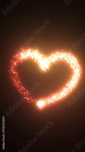 Glowing heart shape formed by fiery light particles on a dark background