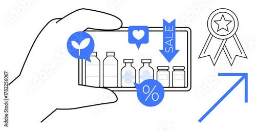 Hand holding smartphone displaying eco products with sale tags, percentage icon, and thumbs ups. Ideal for ecommerce, environment, technology, marketing, discounts, mobile apps digital shopping