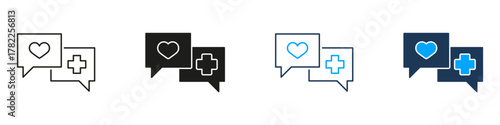 Chat Bubbles With Heart And Medical Cross Line And Solid Icon Set. Healthcare Communication And Support Symbol Collection. Medical Advice And Emotional Support. Isolated Vector Illustration