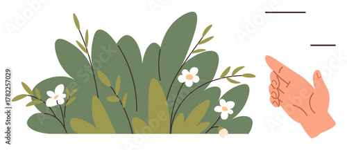 Hand pointing at lush green bushes with delicate white flowers. Ideal for nature, eco-awareness, gardening, sustainability, eco-tips, observation, harmony-themed designs. Simple flat metaphor