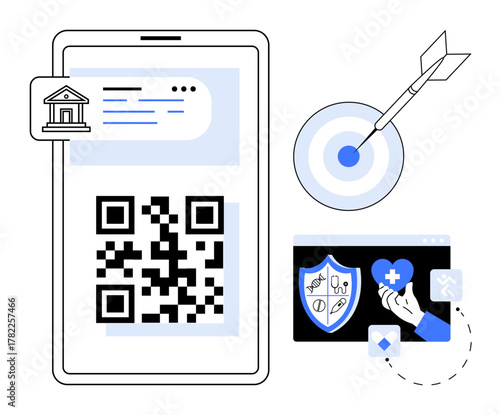 Mobile screen displays QR code with banking icon, target with arrow for business goals, secured content visuals. Ideal for finance, technology, security, innovation, business growth, mobile apps