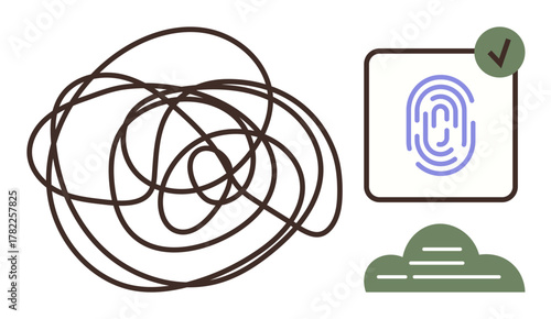 Tangled line beside a fingerprint icon with a green checkmark and cloud design. Ideal for data security, authentication, identity verification, digital trust, simplicity, problem-solving, clarity. A